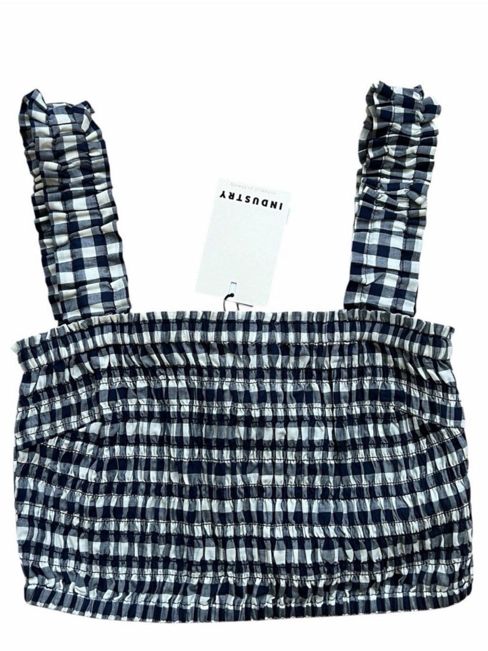 INDUSTRY Smocked Gingham Crop Top in Navy and White